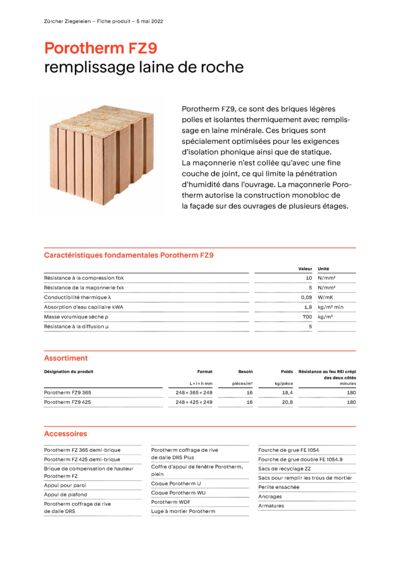 Fiche produit Mur Porotherm FZ9