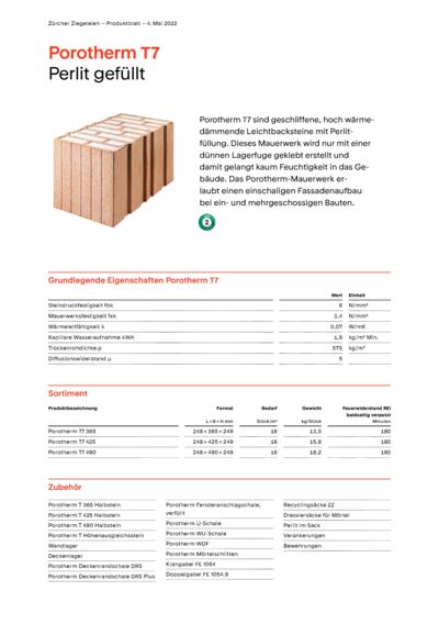 Produktblatt Wand Porotherm T7