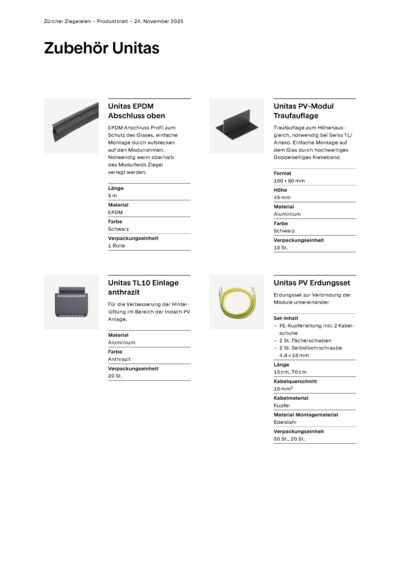 Produktblatt Photovoltaik Zubehör Unitas