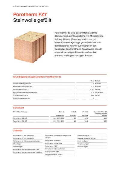 Produktblatt Wand Porotherm FZ7