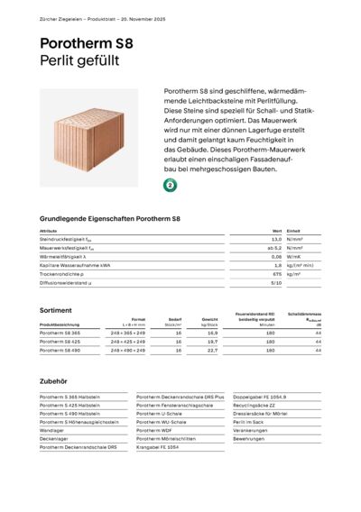 Produktblatt Wand Porotherm S8