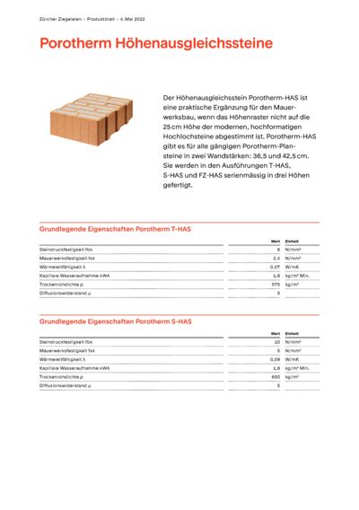 Produktblatt Wand Porotherm Höhenausgleichssteine