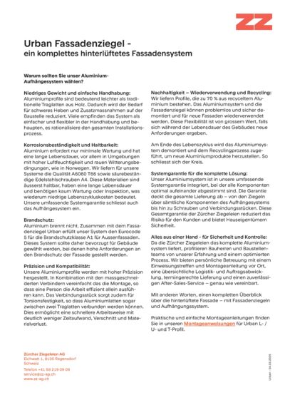 Argumentenliste für die Alu-Unterkonstruktion Urban