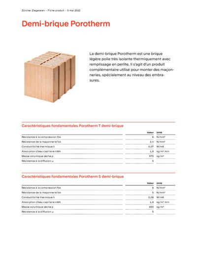 Fiche produit Mur Demi-brique Porotherm