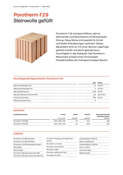 Produktblatt Wand Porotherm FZ9