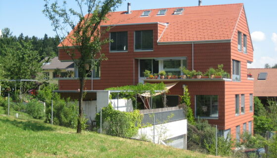 Einfamilienhaus, Fassade, Dach, Dachziegel Vauban, naturrot, Gradschnitt Einfamilienhaus in Liebefeld